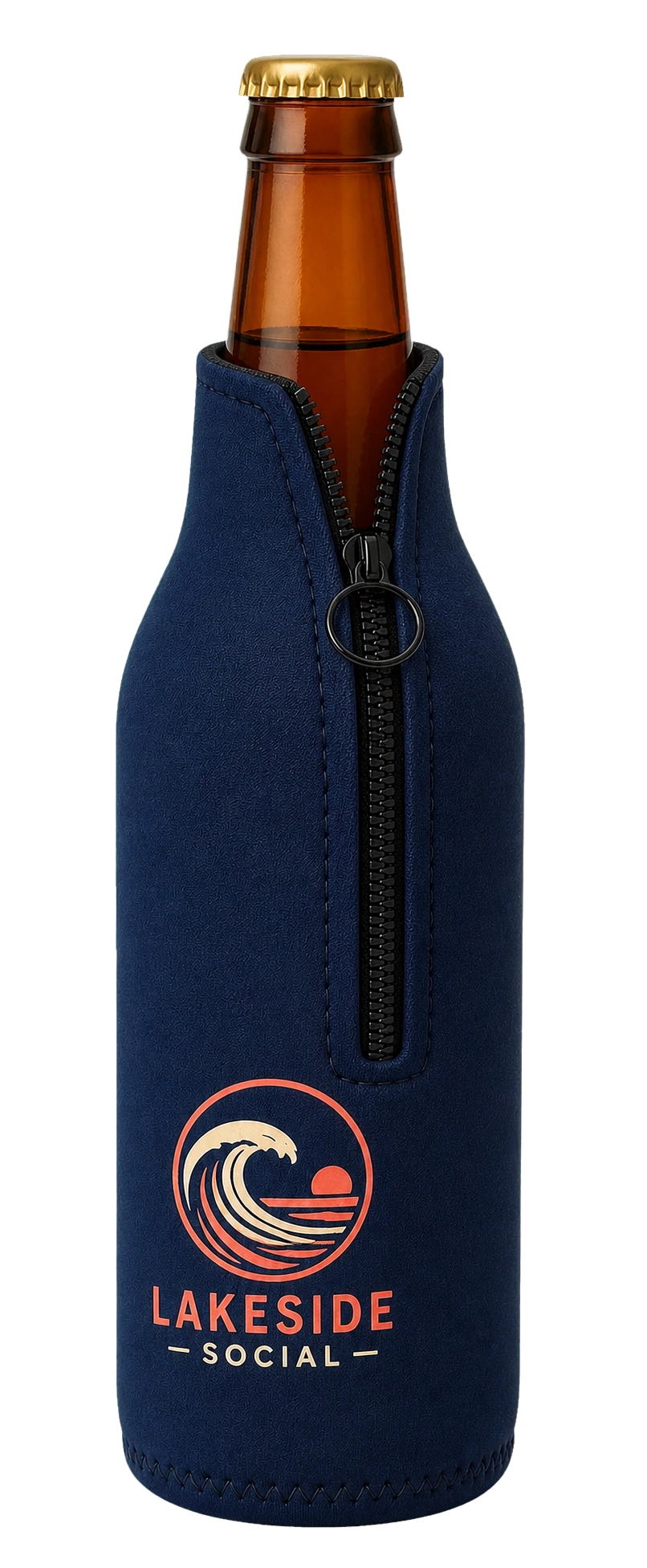 Zippered bottle cooler with black zipper pull and black ring
